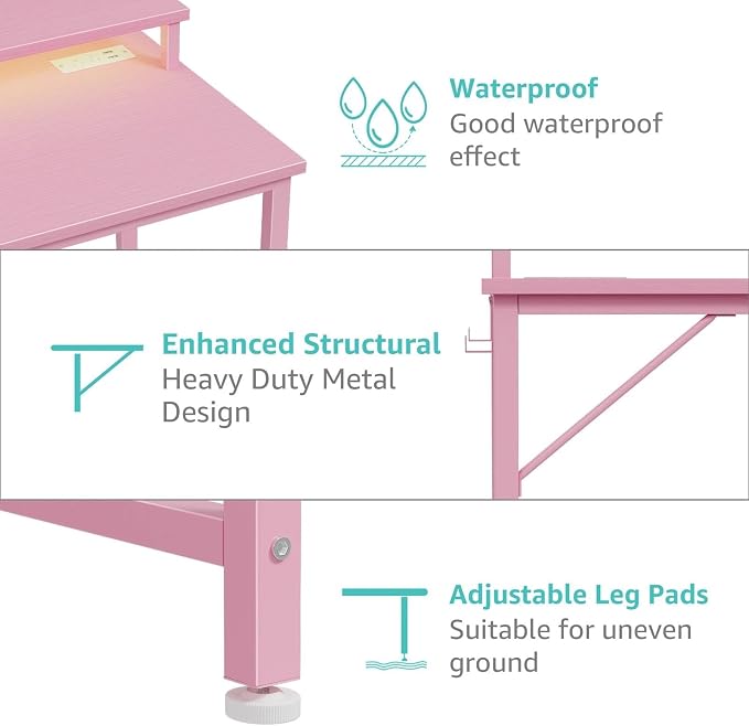 Lufeiya Small Girls Desk with Power Outlets and LED Lights, 32 Inch Gaming Desk Table with Charging Station, Home Office Computer Desks with Monitor, Pink