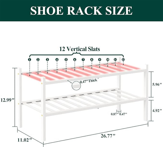 Smiry Bamboo Shoe Rack, 2 Tier Free Standing Wooden Shoe Organizer, Stackable Wood Shoe Storage Shelf for Closet, Entryway, 12 Vertical Slats, One-piece Standard Legs, 26.8"x11"x13", White
