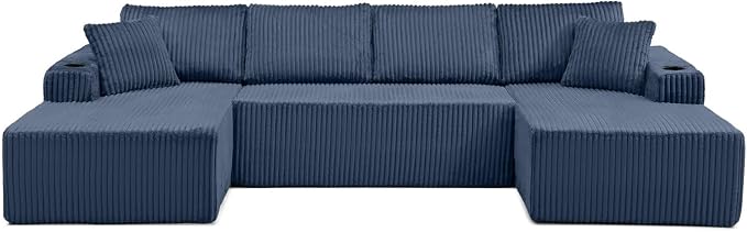 124" Modular Sectional Sleeper Sofa, Boneless Cloud Couch for Living Room, U Shaped 5 Seat Sofa with 2 Storage Pockets& 2 Cup Holders, Free Combination, No Assembly Required