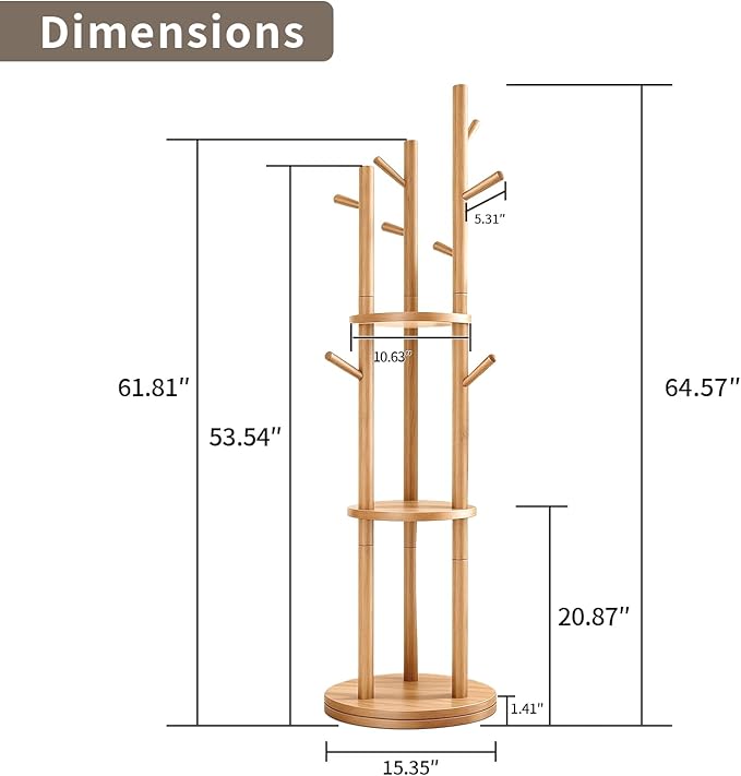 Solid Wood Rotary Coat Rack, Coat Rack Freestanding with 3 Storage Shelves & 9 hooks, Coat Tree for Entryway, Livingroom, Bedroom, Coat Hanger Stand for Coats, Scarves, Handbags, Hat (Natural)
