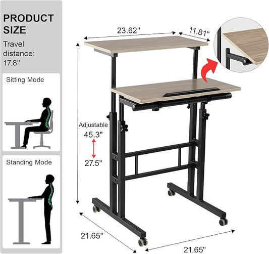 Hadulcet Mobile Standing Desk Adjustable Height with Charging Station | Standing Computer Desk, Standing Adjustable Laptop Cart with Wheels for Home Office Classroom Light Grey