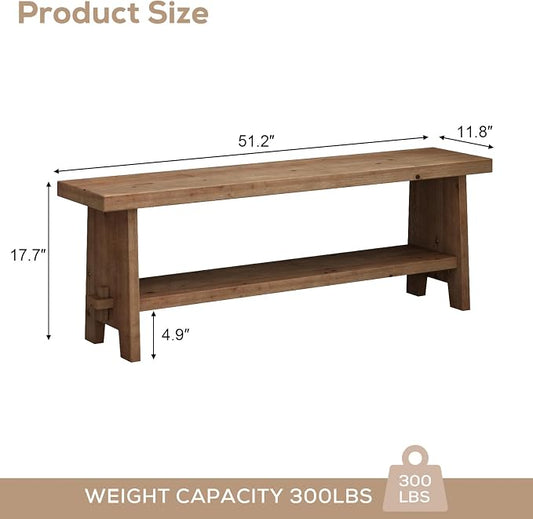 HOKYHOKY Solid Wood Entryway Bench - 51.2" Farmhouse Long Storage Bench, Rustic Narrow Bench Seat for Indoor, Entryway, Dining Room, Living Room and Hallway, Brown