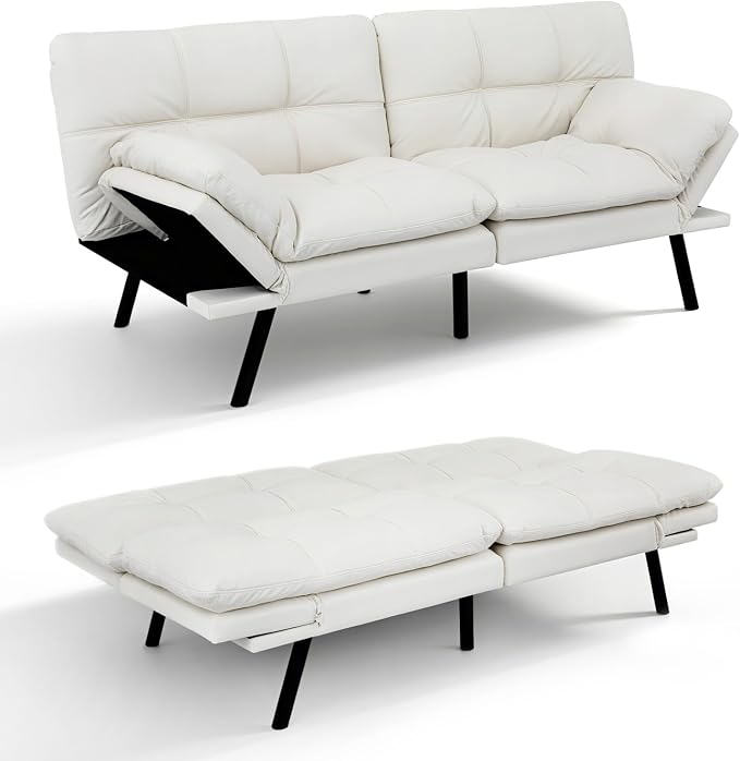 Vipbear 71" Futon Sofa Bed - Convertible Sofa Beds/Adjustable Backrest & Armrest, Comfy Loveseat Sleeper for Small Spaces, Apartments & Offices,Faux Leather White Futons