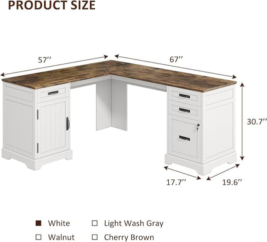 Whalefall 67'' Farmhouse L-Shaped Desk with Drawers for Home Office, White | Computer Corner Desk with File Cabinet and Charging Station, Large Executive L Desk with Locking Drawers Storage