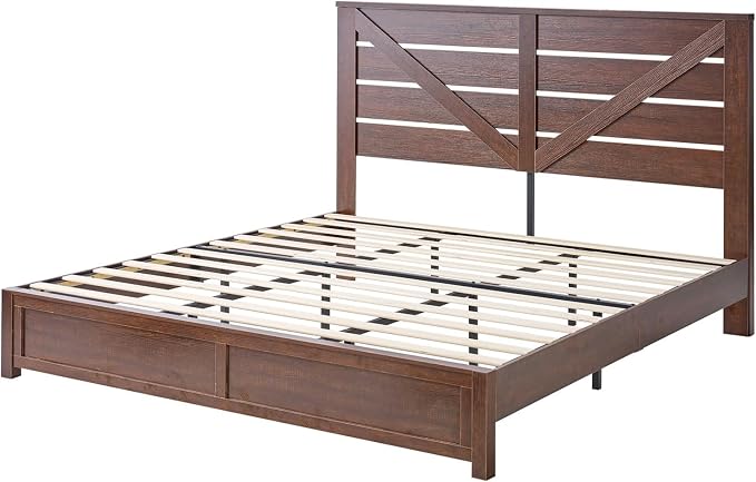 AMERLIFE King Size Bed Frame with 49.2" Barn Door Headboard and Footboard, Rustic Farmhouse Platform Bed Frame with Wood Slats, No Box Spring Needed, Under Bed Storage, Reclaimed Barnwood