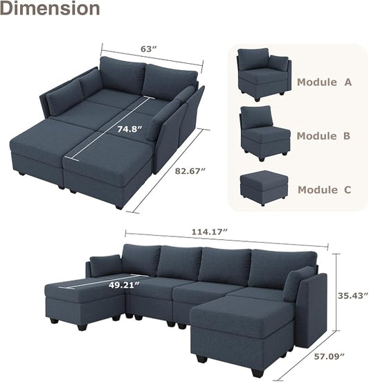 Huatean Home 114.17" Modular Sectional Sofa, 6 Seat Modular Couch with Storage, Memory Foam, Convertible Sectional Couches for Living Room, U Shaped Comfy Modular Sofa with Chaise, Blue Grey