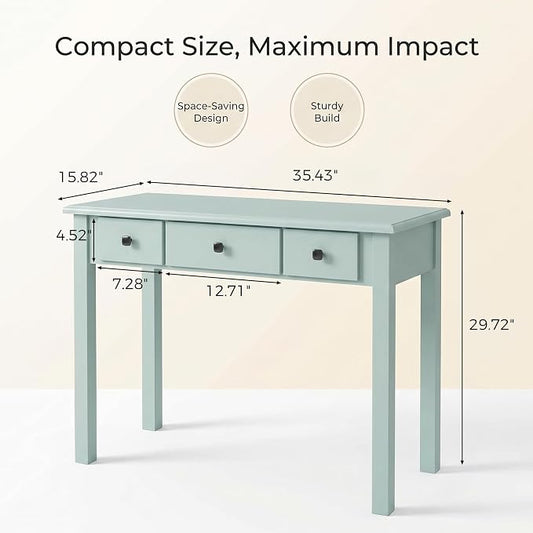 STHOUYN Small Green Writing Desk with Drawers, Vanity Table for Bedroom | Small Farmhouse Makeup Vanity Desk No Mirror, Adult/Student Writing Desk with Drawers for Small Spaces, Home Office, Study
