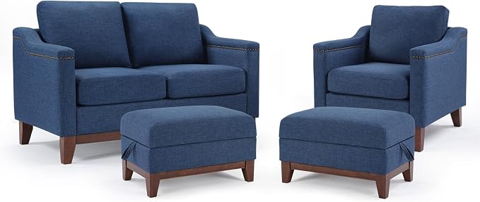 HAOMARKETS 4 Piece Fabric Sofa Set with Nailhead Trim, Included Single Accent Chair, Loveseat 2-Seater Couches with Thicked Cushion and 2 Storage Ottoman with Flip-Top Table for Living Room, Blue