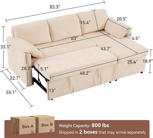 Tbfit 83'' 3 in 1 Sleeper Sofa Couch with USB & Storage Chaise, Cloud Sofa Bed with Pull Out Bed, Chenille Convertible Sleeper Sofas for Living Room, Small Spaces, Beige