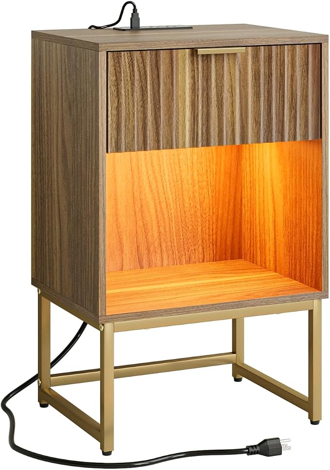 Masupu Fluted Nightstand with Charging Station and LED Lights,Modern Night Stand Wood Bedside Table with Storage Drawer Side End Table for Bedroom,Office,Walnut Brown