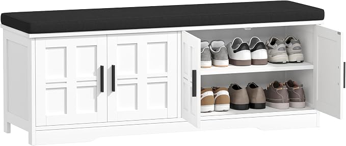 Akxomel Shoe Bench with Storage, 47.2" Entryway Bench with Padded Cushion, 2-Tier Shoe Cabinet Bench with Adjustable Shelves and 4 Cross Molding Doors, for Hallway, Living Room, Bedroom, White