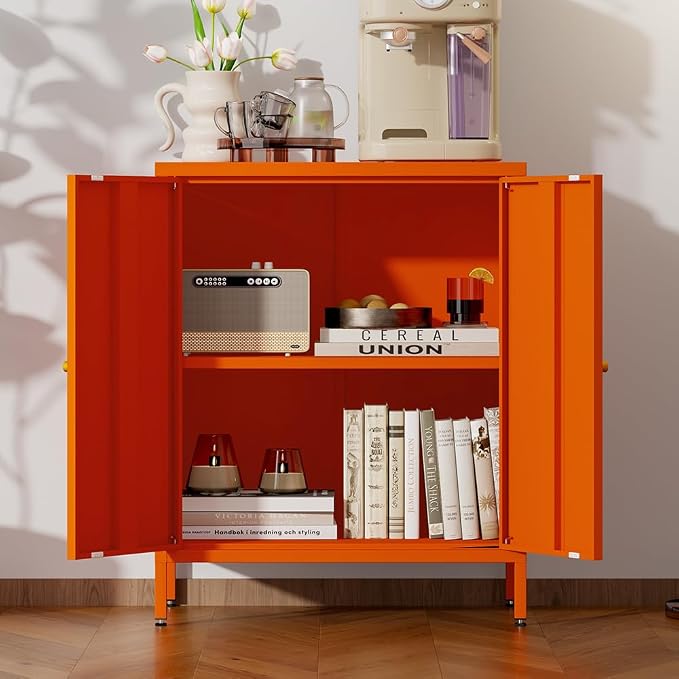 2 Door Metal Accent Storage Cabinet for Home,Office Room,Kitchen-Metal Locker Cabinet with 1 Adjustable Shelves-2-Tier (Small 2 Door Cabinet, Orange)