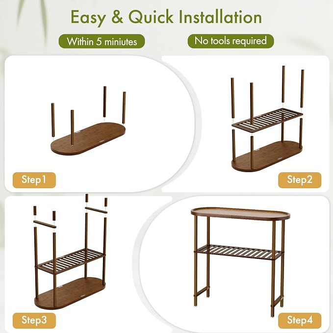 Small Entryway Table Bamboo 30.7", Narrow Hallway Table 2-tier, Slim Console Table with Anti-fall Edge, Sofa Side Table 5min Easy Assembly, Small TV Stand for Bedroom, Indoor Plant Stand, Dark Walnut