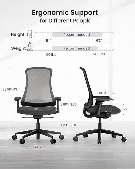 ProtoArc Ergonomic Office Chair – Flexer Mesh Couputer Chair for Women, Foam Sliding Seat, 125° Recline, Home Desk Chairs for Small Spaces, Stylish & Comfortable – Black