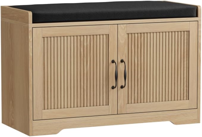 Entryway Shoe Storage Bench with Upholstered Seat, Double Door Cabinet, Adjustable Shelving, Slatted Front, Engineered Wood Organizer for Hallway, Foyer, Mudroom, Bedroom, Walk-In Closet (Oak)
