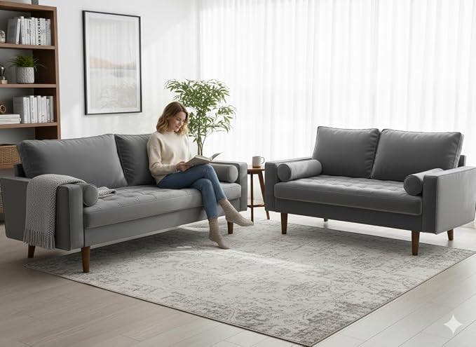 Container Furniture Direct Womble 58 Inch Velvet Loveseat Sofa with Elegant Button Tufted Upholstery, Square Arms, Splayed Wood Legs, Includes Matching Bolster Pillows, Grey