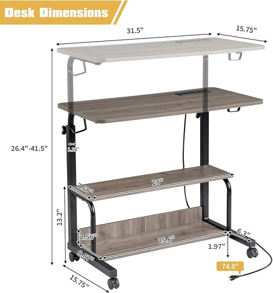 Mobile Laptop Desk with Power Outlets, Height Adjustable TV Tray Table with Storage Shelf, Rolling Computer Table with USB Ports (Grey Oak)