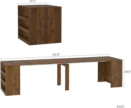 KEIKI 27.5" to 122.8" Extendable Foldable Dining Table with 3-Tier Storage Shelf, Expandable Wooden Console Table for 1–10 People, Space Saving Multifunctional Kitchen Dining Desk, Brown