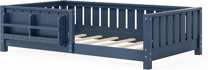 Bellemave Twin Size Floor Bed with high Rails and with Built-in Bookshelf for Kids, Girls, Boys, Wood Montessori Floor Bed Without Door, Blue