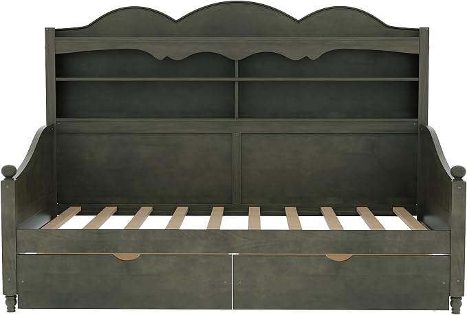 Merax Twin Daybed with Storage Drawers, Wood Twin Day Bed with 3-Tier Storage Headboard Shelves, Retro Style Twin-Size Daybed for Bedroom Guest Room, No Box Spring Needed, Easy Assembly, Grey