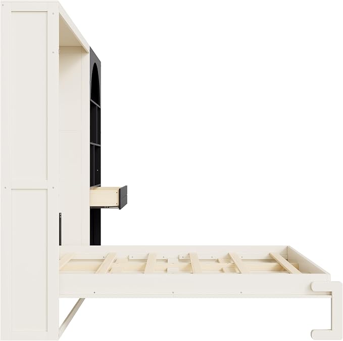 Merax Farmhouse Multi-Functional Murphy Bed with Cabinets & a Drawer,Black | Queen Size Solid Wood Foldable Wall Bed with Upholstered Headboard / No Box Spring Needed / Space Saving