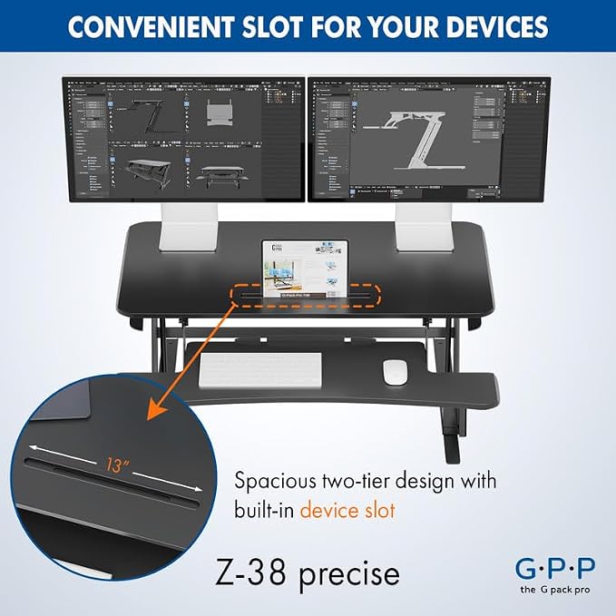 38″ Wide Standing Desk Converter – Sit-to-Stand Workstation for Dual Monitors, Height Adjustable Up to 17.3″ with Large Keyboard Tray – Black