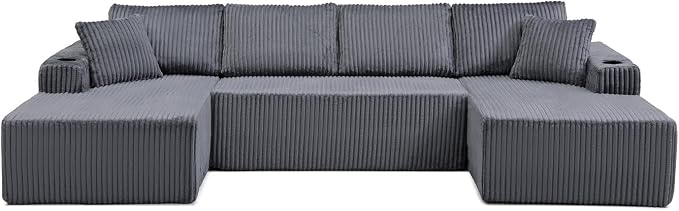 124" Modular Sectional Sleeper Sofa, Boneless Cloud Couch for Living Room, U Shaped 5 Seat Sofa with 2 Storage Pockets& 2 Cup Holders, Free Combination, No Assembly Required