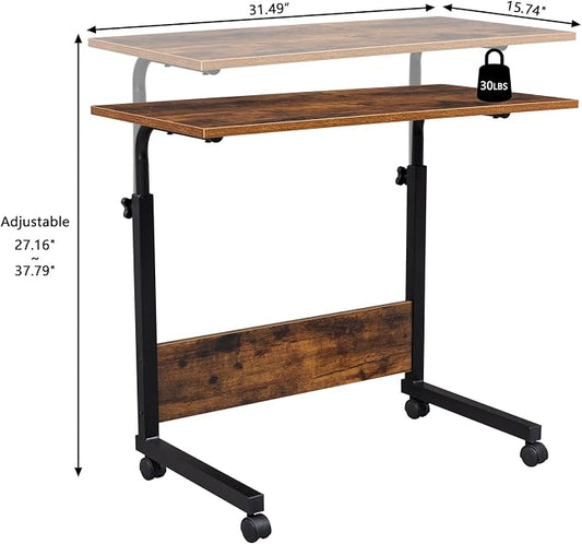 Standing Desk - Side Table Adjustable Height, Portable Laptop Cart, C-Shaped Bed Couch end Tables with Edge Stopper - Wheels for Living Room Bedroom Walking Pad Treadmill 31.5Inch Brown