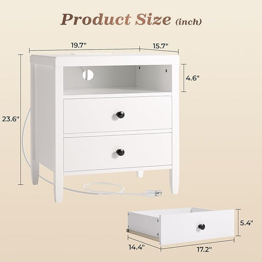 Huuger Nightstand with Charging Station, White Nightstand with 2 Drawers, Bed Side Table for Bedroom, Bedside Table with Storage, Modern Nightstands, Metal Knobs, Painted Surface