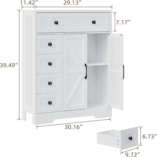 Vabches Farmhouse Storage Cabinet with 2 Doors and 5 Drawers, Freestanding Bathroom Cabinets Kitchen Pantry, Floor Storage Cabinet Hutch Cupboard for Living Room/Bathroom/Kitchen.White