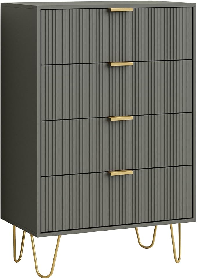 Masupu 4 Drawer Dresser, Drawer Chest, Tall Storage Dresser Chest Cabinet Organizer Unit with Gold Metal Legs, Nightstand for Bedroom, Living Room, Closet, Hallway Gray Stripe