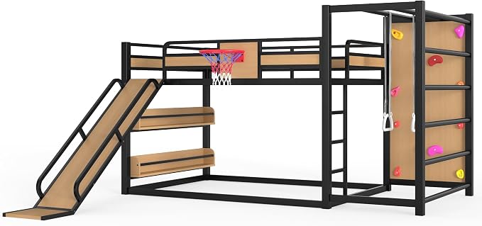 Bellemave Full Size Bunk Bed with Basketball Hoop, Pull-up Rings and Climbing Wall, Full Bunk Bed with Slide and Bookcase, Heavy Duty Bunk Beds with Guardrail, Natural