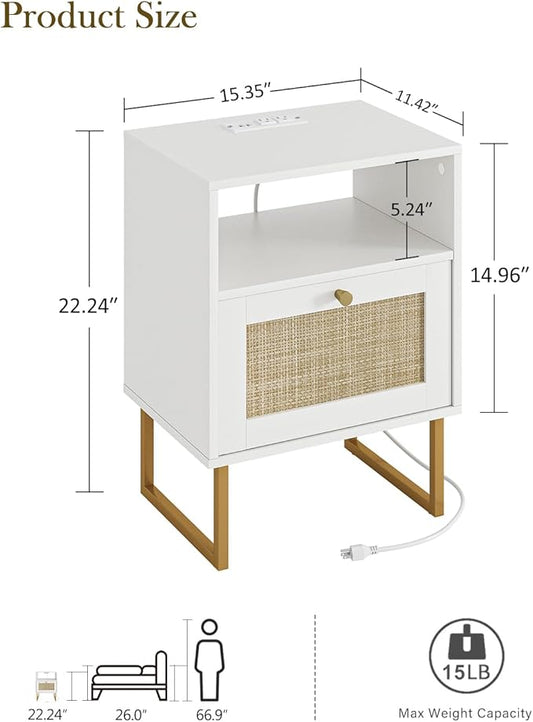Masupu Rattan Nightstand with Charging Station,Modern Boho Farmhouse Wood Bedside Table with Storage Drawer and Open Shelf,Small Gold Frame Side End Table for Bedroom,Living Room,Office White