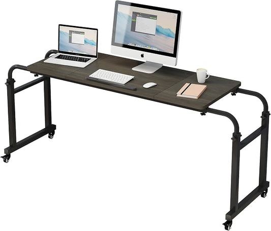 TigerDad Tilt Overbed Table with Wheels, Height Adjustable Rolling Desk for King Queen Bed, Tilting Laptop Cart Mobile Computer Workstation, Dekuwood