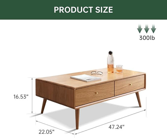 47.24" Solid Wood Coffee Table with Large Storage for Living Room, Oak Coffee Table with 4 Drawers, Mid-Century Modern Coffee Tables for Home (Original Wood Color)
