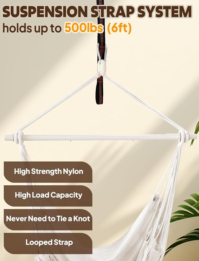 Chihee Hammock Chair Swing Chairs Strong Metal Collapsible Spreader Bar Portable Hanging Chair Max 500 lbs Comfy Seat Patio Lawn Cotton Blended for Superior Comfort Durability Indoor Outdoor