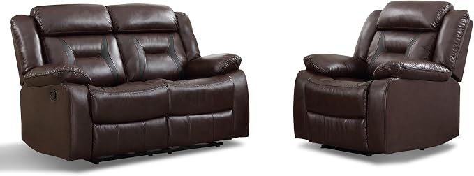 EBELLO Manual Recliner Sofa Set, Faux Leather Reclining Living Room Furniture Set, Included Single Recliner Chair and Manual Loveseat Sofa, Dark Brown