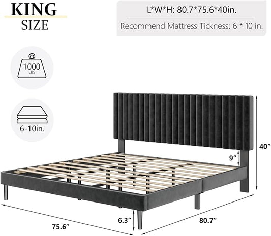 HAOARA King Size Bed Frame, King Size Platform Bed Frame and Velvet Upholstered Headboard with Strong Wood Slats, Box Spring Optional, Mattress Foundation, Easy Assembly Black