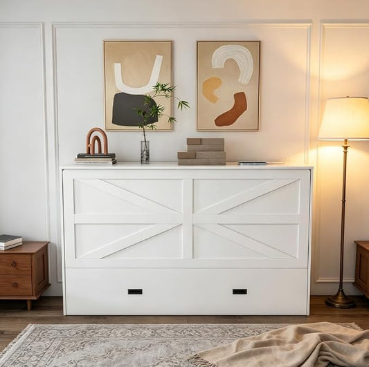 Bellemave Full Murphy Bed with Mattresses and Charging Stations and Storage Drawer, Farmhouse Murphy Cabinet Bed with Foldable Panel, Noisy Free, for Guest Bedroom, Living Room, White