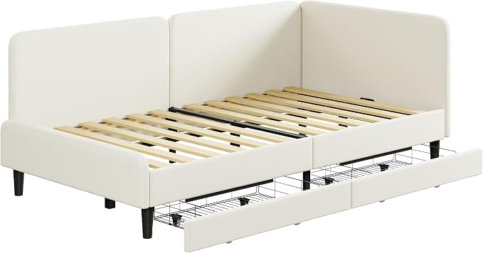 LIKIMIO Twin Daybed with Headboard, Corner Bed Frame with Bed Rails and Storage Drawers, Solid Support, for Bedroom Guest Room, Cream