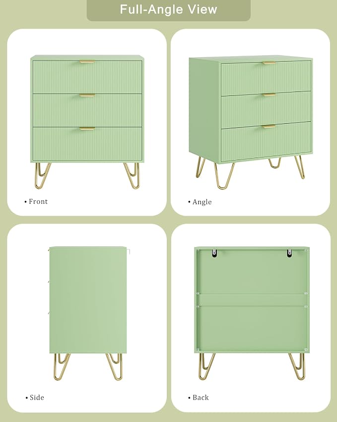 Green Dresser for Bedroom, Modern Fluted 3 Drawer Dresser with Storage, Dresser Chest of Drawers with Gold Handles for Bedroom, Living Room, Closet, Hallway, 15.8" D x 23.6" W x 27.6" H