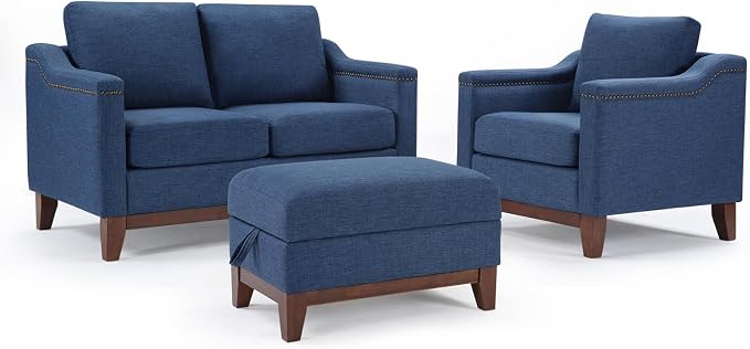 HAOMARKETS 3 Piece Fabric Sofa Set with Nailhead Trim, Included Accent Chair,Loveseat 2-Seater Sofa with Thicked Cushion and Storage Ottoman with Flip-Top Table for Living Room,Blue