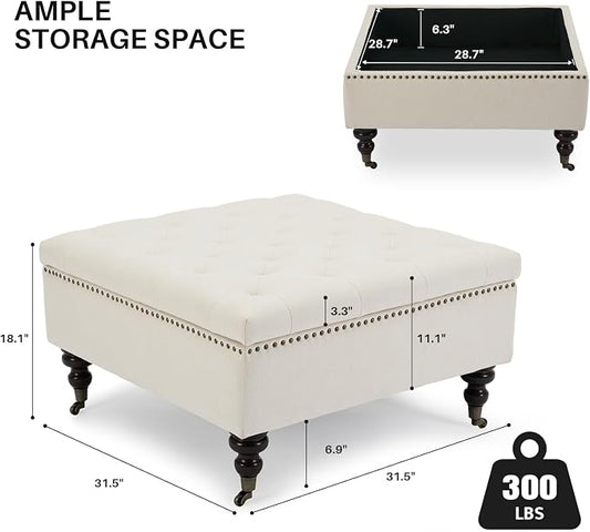 Large Square Storage Ottoman Uphlostered Tufted Button Coffee Table, Oversized Footrest Bench with Castered Rolling Wheels for Living Room, Beige Linen Waterproof