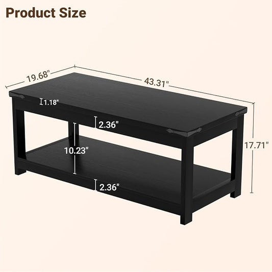 Homieasy 43.3” Rectangular Coffee Table with Storage Shelf, Farmhouse Wood Center Table for Living Room, Modern Black Tea Table with Open Shelf, Black