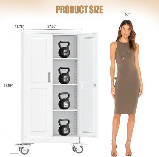 61" H Metal Pantry Storage Cabinet with Wheels,Rolling Kitchen Pantry Cabinet with 2 Doors and 3 Adjustable Shelves, Locker Steel Cabinet,Organization Cabinet for Garage,Home,Gym,School,White