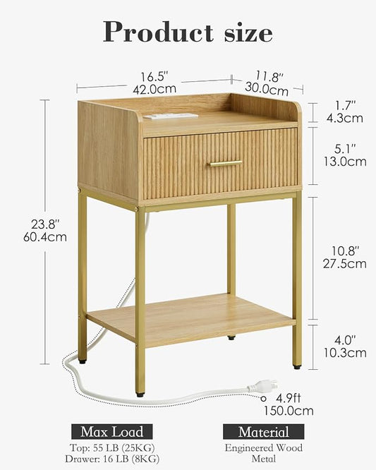 Nightstand with Charging Station, 3-Tier Bed Side Table, Small End Table, Night Standwith Open Shelf and Drawer, Bedside Table for Bedroom, Living Room, Oak