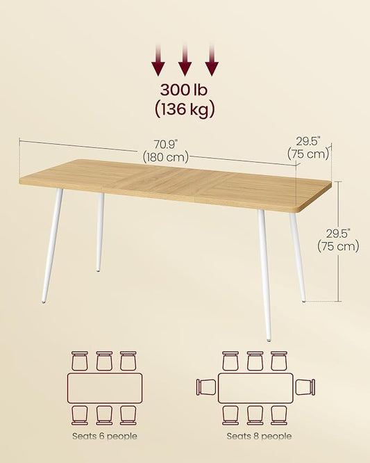 VASAGLE 70.9" Dining Table for 6-8 People, Modern Kitchen Table, Heat-Resistant Tabletop, Quick Assembly, for Dining Room, Golden Oak and Cloud White, Island Collection UKDT108Y101S