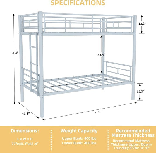 Metal Twin Over Twin Bunk Bed, Heavy-Duty Metal Bunk Bed, Noise Reduced Design/Safety Guardrail/2 Side Ladders/No Box Spring Needed (Silver)