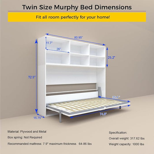 Twin Size Flipping Murphy Bed Cabinet with Shelf Storage, Modern Hideaway Beds, Wall Bedframe for Bedroom,Space-Saving, Noise Free, White