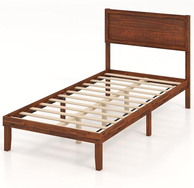KOMFOTT Twin Size Wood Bed Frame with Headboard, Solid Acacia Wood Platform Bed Frame, Wooden Slats Supported Bed Base with Under-Bed Storage Space, No Box Spring Needed Mattress Foundation